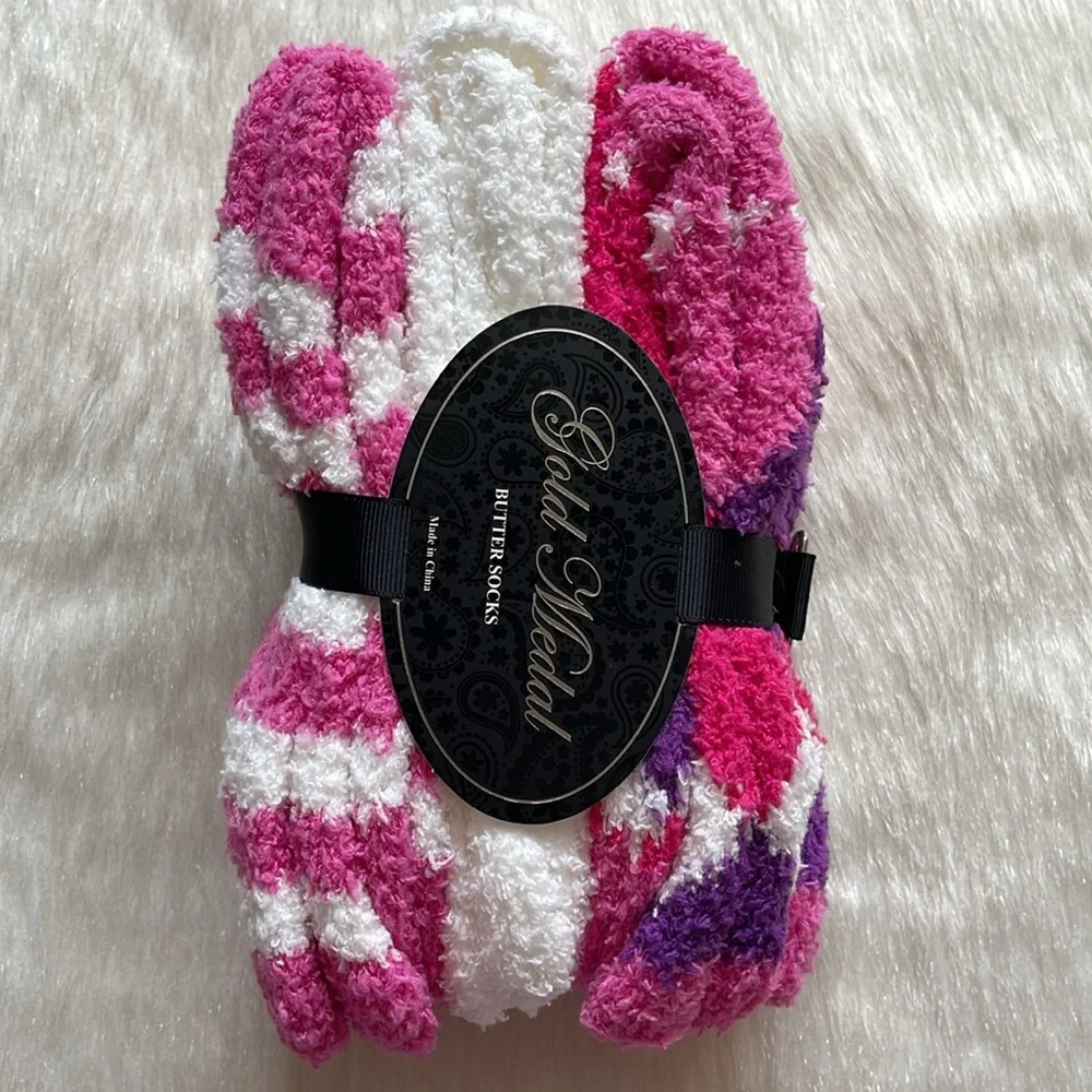Gold Medal Pink Purple White Argyle Striped Super Soft Plush Butter Crew Socks